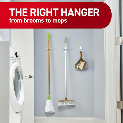 Command Mop & Broom Holder Wall Mount, White with Grey Band, 2 Grippers 4 Strips, Grey/White, 17007-HW2ES