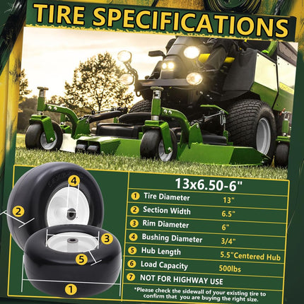Wiltire 2 Pack Flat Free 13x6.50-6 nhs Lawn Mower Tires