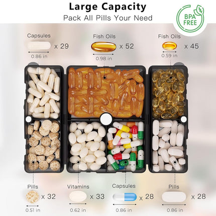 FYY Daily Pill Organizer,2 Pcs 7 Compartments Portable Pill Case Travel Pill Organizer,[Folding Design]Pill Box for Purse Pocket to Hold Vitamins,Cod Liver Oil,Supplements and Medication-Clear Black