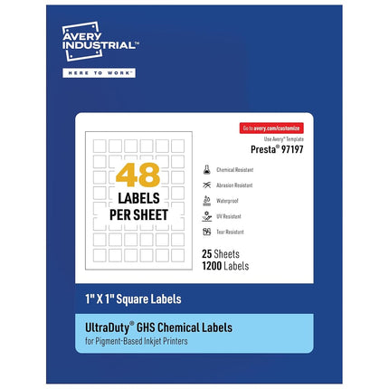 Avery UltraDuty GHS Labels, Waterproof, 1 X 1 Inch Square Labels, Pack of 1200 White Labels for Use with Pigment Inkjet Printers