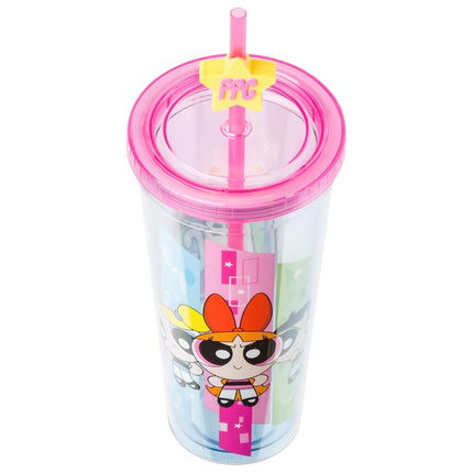 Silver Buffalo Power Puff Girls Trio 24oz Plastic Cold Cup w/Lid and Topper Straw