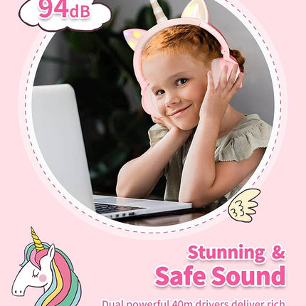 Unicorn Kids Headphones,Unicorn Bluetooth Headphones Foldable for Girls Boys Toddlers Phones pad/Amazon fire/Tablet,Light Up Kids Wireless Headphone Birthday Gifts (Pink)