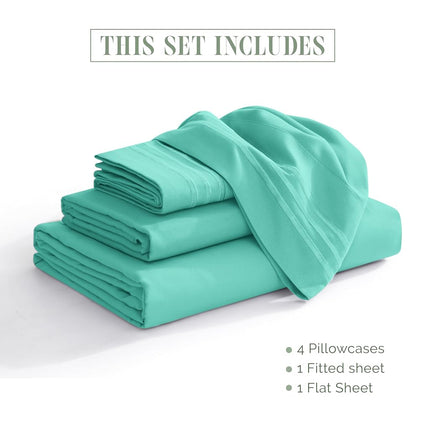 Elegant Comfort Luxurious 1500 Premium Hotel Quality Microfiber Three Line Embroidered Softest 4-Piece Bed Sheet Set, Wrinkle and Fade Resistant, Queen, Paradise Teal