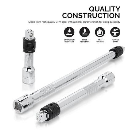 Neiko 00295A 3/8" Drive Locking Extension Bars for Removing Sockets and Sparkplugs, 3 Piece | 3", 6", 10", Cr-V