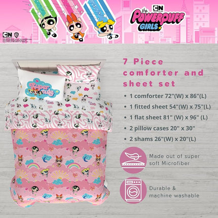 Franco Collectibles Powerpuff Girls Bedding 7 Piece Super Soft Comforter and Sheet Set with Sham, Full, (100% Official Licensed Product)