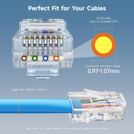 Cable Matters Paquete de 50 conectores RJ45 Cat 6 de paso, contactos chapados en oro de 50 micras (extremos Cat 6 / conector Cat6 / conectores modulares RJ45 / conectores Ethernet / conector de red)