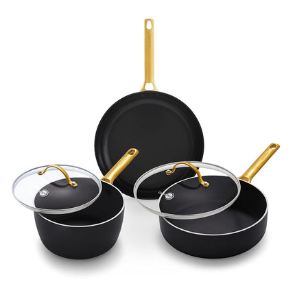 GreenPan Juego de ollas y sartenes de 5 piezas, cerámica antiadherente sin PFAS, anodizado duro, sartén, cacerola y sartén salteadora con tapas, asas de acero inoxidable tono dorado, apto para lavavajillas, negro