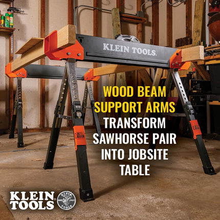 Klein Tools 80178 Folding Saw Horse, Adjustable 26 to 32-Inch Height, 2x4 Support Arms, Heavy Duty Jobsite Table, 2-Pack