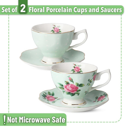 BTäT- Floral Tea Cups and Saucers, Set of 2 (Green - 8 oz) with Gold Trim and Gift Box, Coffee Cups, Floral Tea Cup Set, British Tea Cups, Porcelain Tea Set, Tea Sets for Women, Latte Cups
