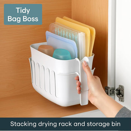 YouCopia Dry&Store Reusable Bag Drying Rack and Bin Set, Silicone Bags Organizer and Storage