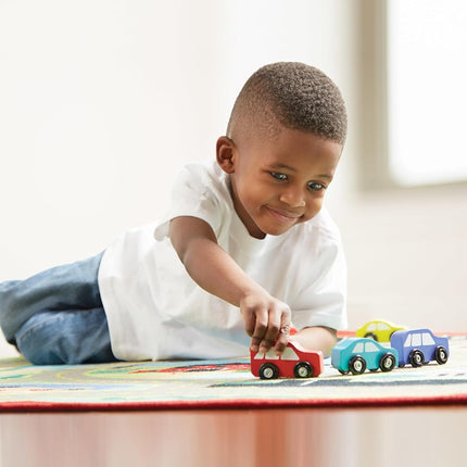 Melissa & Doug Round the Town Road Rug & Car Set (Cars & Trucks, Safe for All Floors, 4 Wooden Cars, Frustration-Free Packaging)