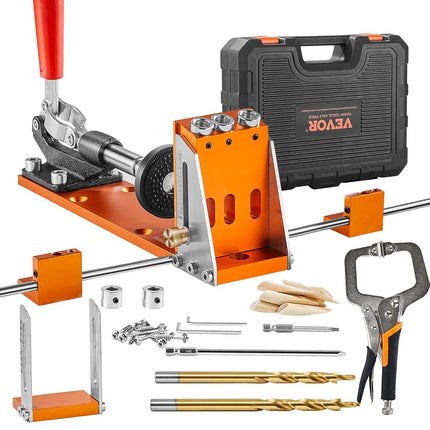 VEVOR Pocket Hole Jig Kit, 34 Pcs Pocket Hole Jig System with C-clamp, Fixture, Step Drills, Wrenches, Drill Stop Rings, Square Drive Bits, Toolbox, for DIY Carpentry Projects, Adjustable