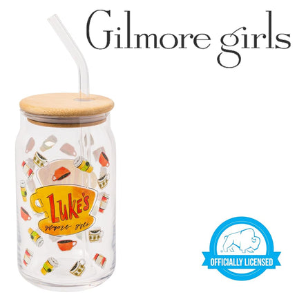 Vaso de cristal Silver Buffalo Gilmore Girls Luke's Diner con tapa de bambú y pajita de cristal, 473 ml