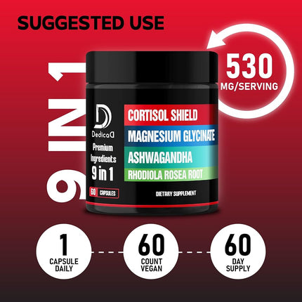Dedicad 9in1 Cortisol Shield - Magnesium Glycinate & Ashwagandha with Rhodiola, Phosphatidylserine, Passion Flower, L-Theanine, Apigenin, Licorice, Magnolia - 60 Count