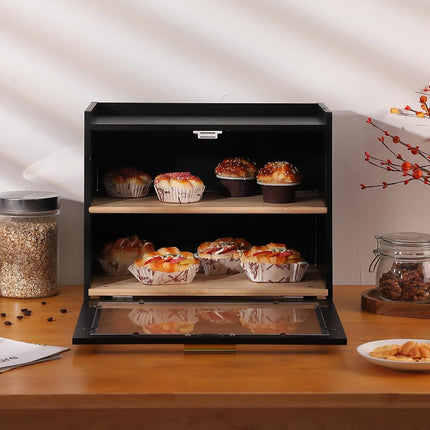 Panera Takywep de doble capa grande para encimera de cocina, caja de almacenamiento de pan de bambú de gran capacidad con ventana, negra