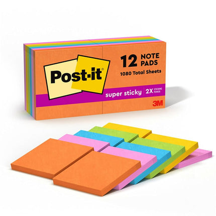 Post-It Super Sticky Notes, 3 in x 3 in, Rio de Janeiro Collection, 12 Pads/Pack Blue, Pink, Yellow 90 Sheets - Post-it (3 in x 3 in, Rio de Janeiro Collection, 12 Pads/Pack, 76.2 mm, 90 Sheets)