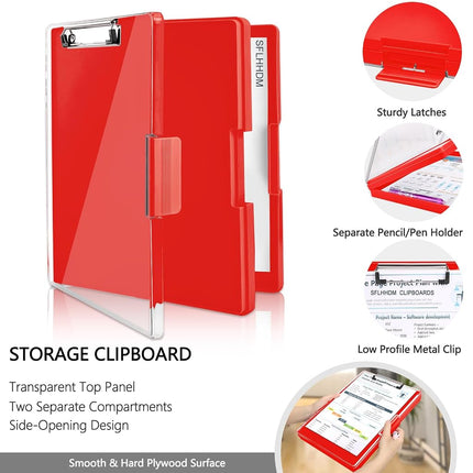 Clipboard with Storage,Heavy Duty Clip Boards 8.5x11 with 2 Storage Case,Clear Visible Top Panel Storage Clipboards,Side Opening Clip Boards,Nursing Clipboard Folder Case for Office Supplies-Red