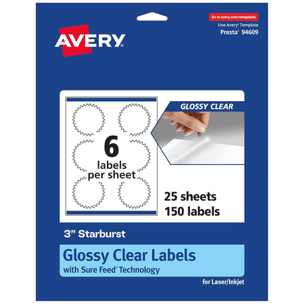 Avery Glossy Clear Starburst Labels with Sure Feed, 3", 150 Glossy Clear Labels, Print-to-The-Edge, Laser/Inkjet Printable Labels