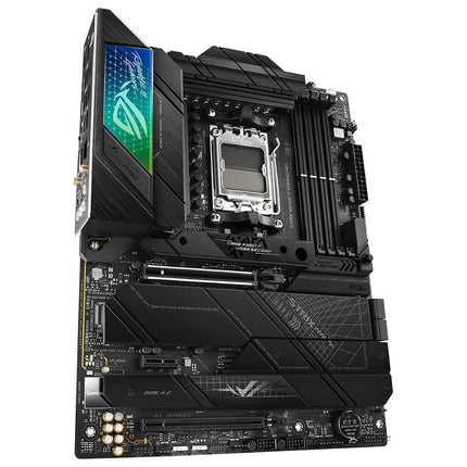 ASUS ROG Strix X670E-F Gaming WiFi AMD Ryzen AM5 ATX motherboard, 16 + 2 power stages, DDR5 support, four M.2 slots with heatsinks, USB 3.2 Gen 2x2, PCIe 5.0, WiFi 6E, AI Cooling II, and Aura Sync