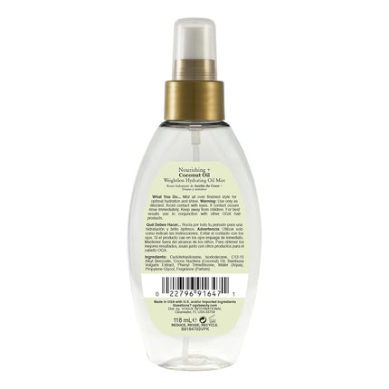 OGX Nourishing + Coconut Oil Weightless Hydrating Oil Hair Mist, Lightweight Leave-In Hair Treatment with Coconut Oil & Bamboo Extract, Paraben & Sulfate Surfactant-Free, 4 Fl Oz