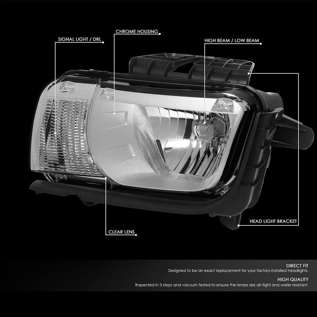 DNA Motoring HL-CCAM10-CH-CL1 Paire de phares chromés à lentille transparente compatibles avec Chevrolet Camaro 2010-2013 de type halogène, côté gauche et droit