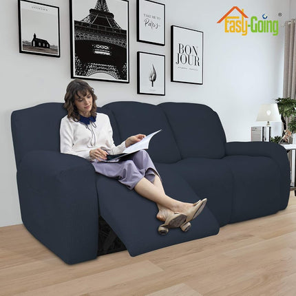 Housses de canapé relax extensibles 8 pièces, housse de canapé de protection de meubles souple avec élastique en bas pour enfants, tissu jacquard élasthanne à petits carreaux, bleu foncé