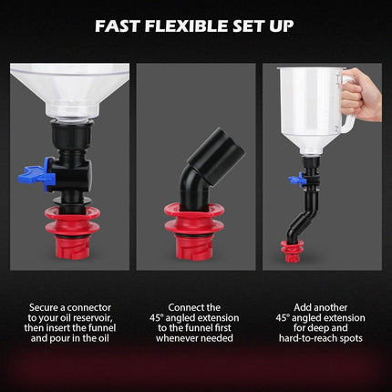 18-Piece Engine Oil Funnel Set, 1.36 qt Automotive Oil Funnel Kit with 12 Adapters, Elbow Fitting, Arrow Screen and Magnetic Storage Hooks Tray, Compatible with GM, Ford, BMW, Audi, Land Rover Etc