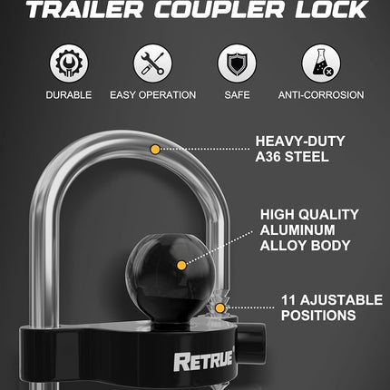 RETRUE Universal Coupler Lock Trailer Locks Ball Hitch Trailer Hitch Lock Adjustable Security Heavy-Duty Steel fits 1-7/8 Inch, 2 Inch, 2-5/16 Inch Couplers, Black, Lightweight …
