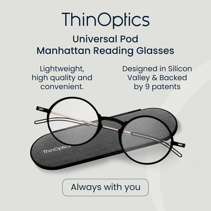 ThinOptics Reading Glasses 2.00, Black Frame, 4mm Case, for Men and Women