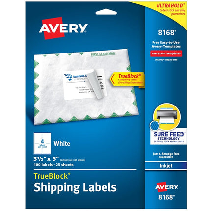 Avery Shipping Address Labels, Inkjet Printers, 100 Labels,3-1/2 x 5, Permanent Adhesive,White, 5 Packs (8168)