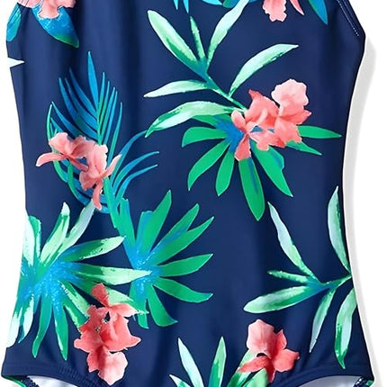 Traje de baño de una pieza Kanu Surf para niñas, modelo Chloe Beach Sport, estampado floral Leonie, color azul marino, talla 10