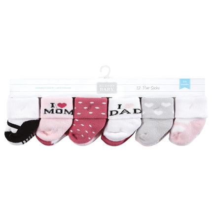 Hudson Baby Baby Girls' Cotton Rich Newborn and Terry Socks, Mom and Dad Girl Pink Black 12-pack, 6-12 Months