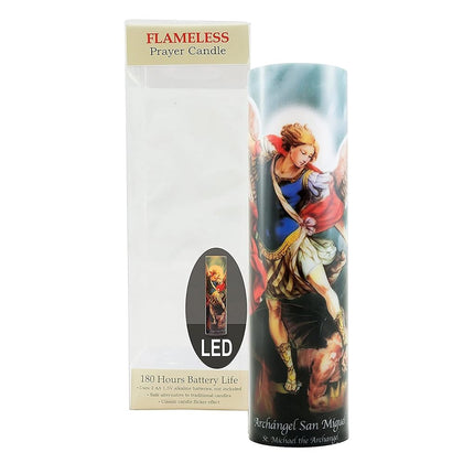 Stonebriar LED Saint Prayer Candle — Automatic Timer, Flameless Candle for Prayer, Memorials & Religious Décor, St. Michael, 8"