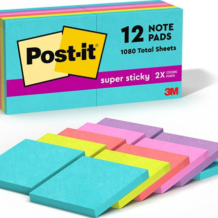 Post-it Super Sticky Notes, 3 in. x 3 in., Miami Collection, 12 Pads/Pack, 90 Sheets/Pad Blue, Green, Orange, Pink, Red 90 Sheets Self-Adhesive Pouch