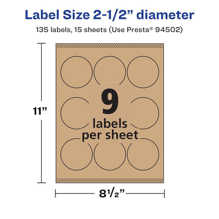 Avery Kraft Brown Round Labels with Sure Feed, 2.5" Diameter, 135 Kraft Brown Labels, Print-to-The-Edge, Laser/Inkjet Printable Labels