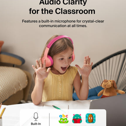 Belkin SoundForm Mini Kids Wireless Headphones w/Built-in Microphone, 30H of Playback Time, Fun Stickers, & Case - Over-Ear Headsets for Online Learning, School, iPhone, iPad, Galaxy, & More - Pink