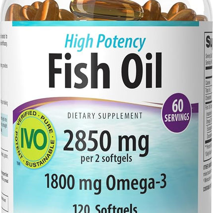 Webber Naturals Triple Strength Omega-3 Fish Oil, 1,800 mg Omega-3 (1,200 mg EPA / 600 mg DHA) per Serving, 120 Clear Enteric Softgels, No Fishy Aftertaste, for Heart, Brain and Joint Health