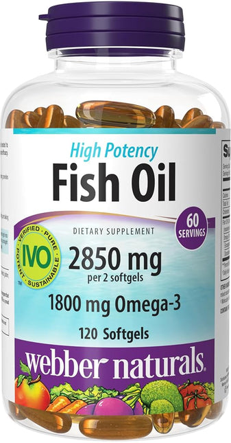 Webber Naturals Triple Strength Omega-3 Fish Oil, 1,800 mg Omega-3 (1,200 mg EPA / 600 mg DHA) per Serving, 120 Clear Enteric Softgels, No Fishy Aftertaste, for Heart, Brain and Joint Health