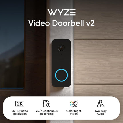 WYZE Video Doorbell v2, Wired, 2K Video, Two-Way Audio, Color Night Vision, Works with Existing Chime and IP65 Weather Resistant, Compatible with Alexa & Google Assistant, Black