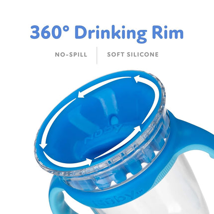 Vaso antiderrame Nuby 360 Edge 2 etapas con borde de 360° y asas extraíbles y tapa higiénica: 240 ml, 12 meses, robot, azul