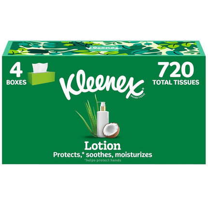 Mouchoirs Kleenex Lotion à l'huile de noix de coco, 4 boîtes plates, 180 mouchoirs par boîte, 3 épaisseurs