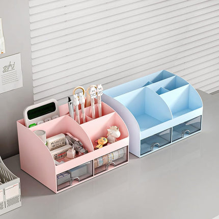 Organizador de escritorio COMFYROOM con 6 compartimentos y 2 cajones, organizador de maquillaje de plástico, portalápices para almacenamiento de escritorio, organización de escritorio para la escuela, el hogar, material de oficina (rosa)