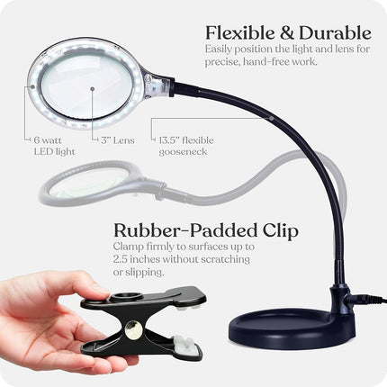 Brightech LightView Pro Flex 2 en 1: Lupa de 2.25 aumentos con luz LED brillante - Lámpara con lupa con base de soporte y abrazadera - Para lectura, pintura, costura y manualidades de aguja, puzles y aficionados a los hobbies