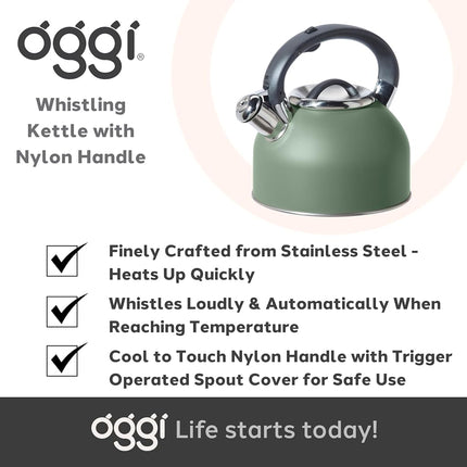 Oggi Stainless Steel Stovetop Tea Kettle - 64oz / 1.9lt, Sage, Loud Crescendo Whistle, Trigger Spout Cover