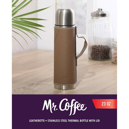 Mr. Coffee Leatherette 23 oz Stainless Steel Thermal Bottle – Double Wall Insulated Flask with Faux Leather Sleeve & Carry Handle, Brown – Leak-Proof Hot & Cold Drink Travel Mug