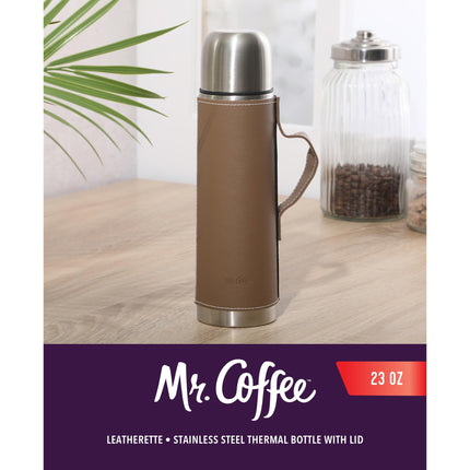 Mr. Coffee Leatherette 23 oz Stainless Steel Thermal Bottle – Double Wall Insulated Flask with Faux Leather Sleeve & Carry Handle, Brown – Leak-Proof Hot & Cold Drink Travel Mug