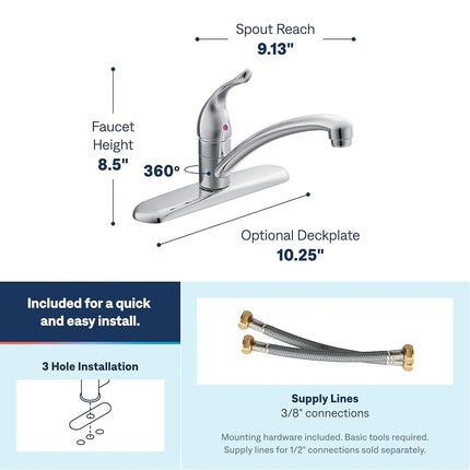 Moen 7425 Chateau Grifo de cocina de arco bajo con un solo mando, cromo