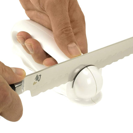 Kai PRO Serrated Knife Sharpener, Kitchen Knife Sharpener for Serrated and Reversed Scallop Blades, Easy-Grip Handle, Non-Slip Base, Knife Sharpeners for Kitchen Knives, White
