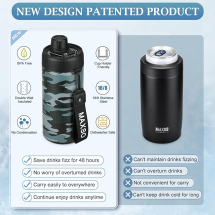 MAXSO Sealed Can Cooler Fizz Lid Can Cover for 12 oz Regular, Slim Skinny Cans & As Thermal Bottle, 4-in-1 Insulated Vacuum Stainless Steel Carbonated Cold Drink Holder - Camouflage