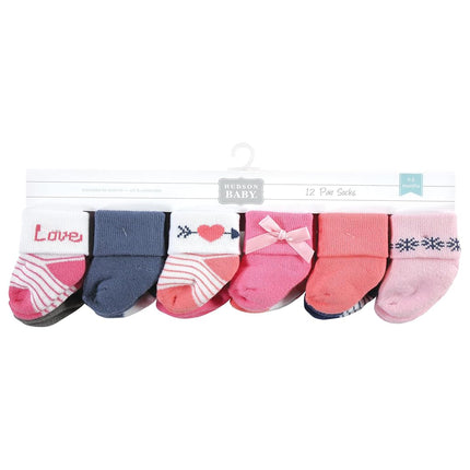 Hudson Baby Baby Girls' Cotton Rich Newborn and Terry Socks, Pink Love, 0-6 Months